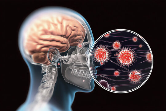 Medical illustration of meningococcal meningitis showing pathogenic bacteria attacking neurons in the brain. Highlights Neisseria meningitidis, brain inflammation, and CNS infection risk