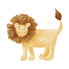 Lion child drawing watercolor illustration isolated on white, Funny friendly safari animal for kids and children, African savannah smiling king of beasts