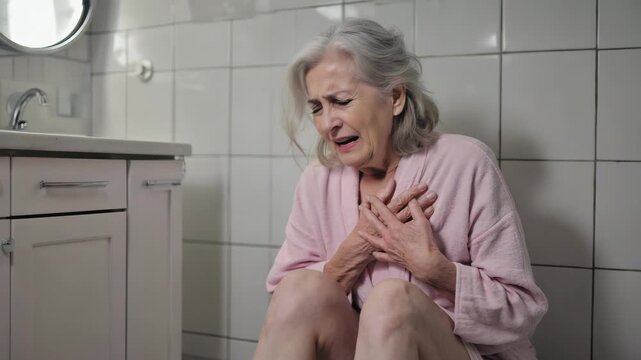 Elderly woman sitting on the floor of a bathroom experiencing a heart attack. She is holding her chest and appears to be in distress.