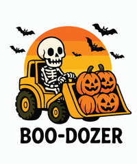 Spooky skeleton drives a boo dozer filled with pumpkins under a halloween sunset tshirt design vector