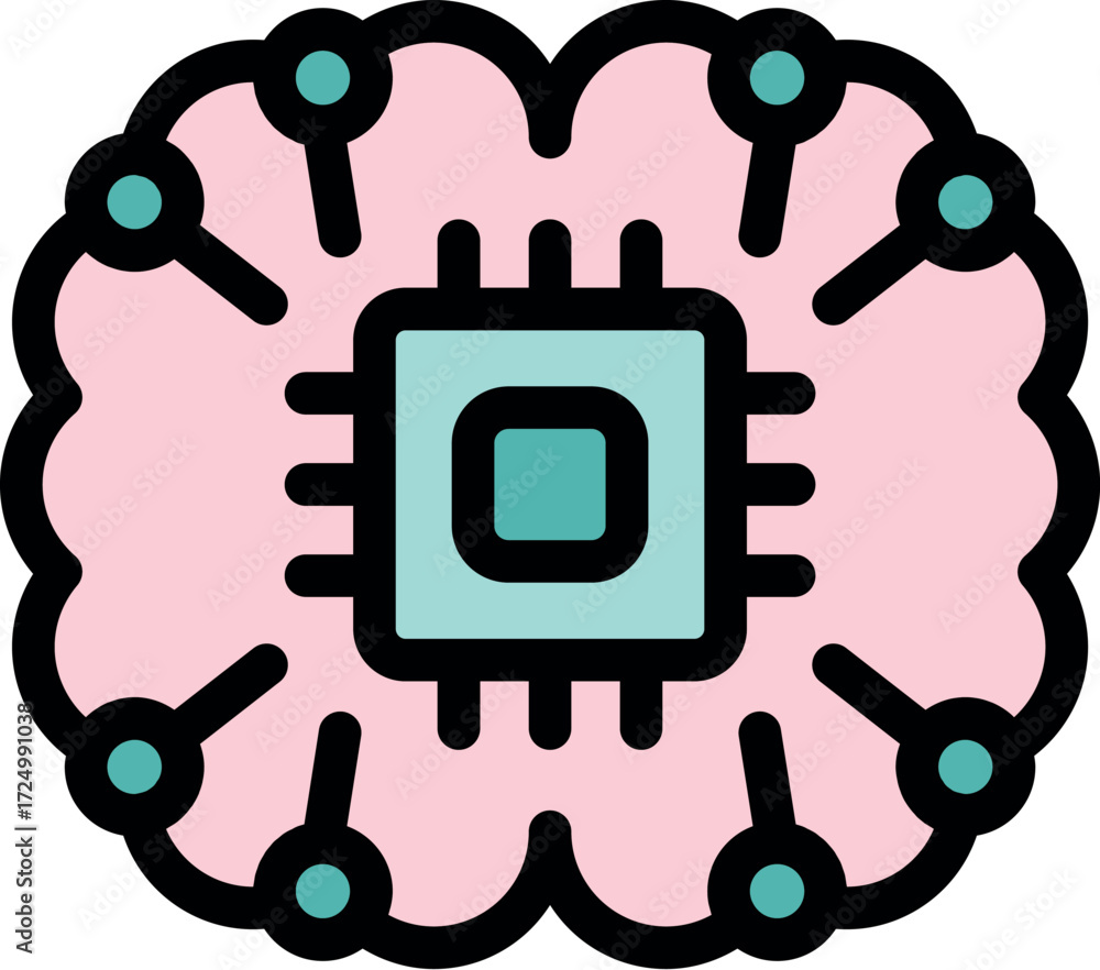 Poster microchip processing data inside human brain, symbolizing artificial intelligence and machine learni