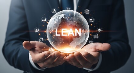 Businessman holds glowing crystal ball with LEAN concept and global business icons lean
