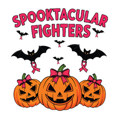 A Halloween themed graphic with carved pumpkins bats and pink ribbons advocating for breast cancer awareness vector 