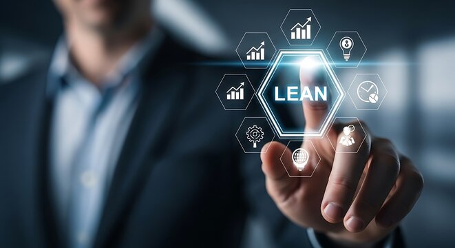 Businessman touches digital hexagon with LEAN concept and business icons lean - Powered by Adobe