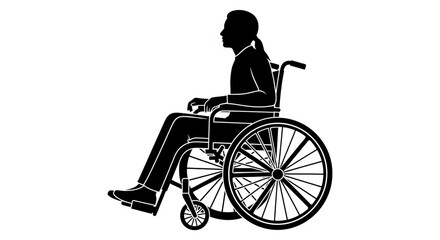 A clear black silhouette icon of an individual with a ponytail seated in a manual wheelchair, isolated on a pristine white background.