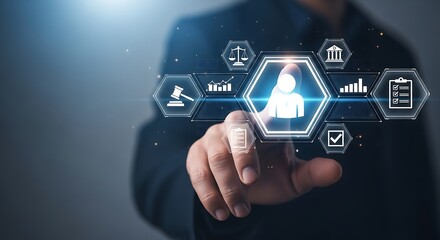 Businessman Touching Digital Interface with Legal and Business Icons technology hand
