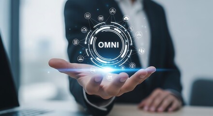 Hand displaying OMNI digital interface with connected icons and light OMNI omnichannel