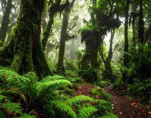 lush, misty, rainforest, path, nature.