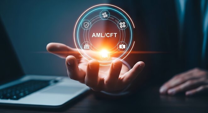 Hand holding glowing circular interface with AMLCFT icons and financial symbols anti-money laundering