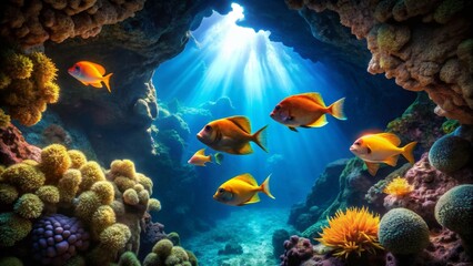Sunlit Underwater Cave with Vibrant Coral and School of Golden Fish Swimming