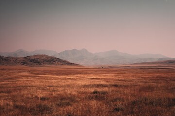 Expansive, hazy, golden-brown plain stretches to distant, muted mountains under a pale, dusky sky