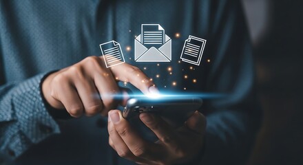 Person using smartphone with email and document icons floating mobile technology
