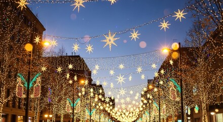 Fototapeta premium Avenues of dreams: dazzling illumination of streets with holiday stars and winter lights