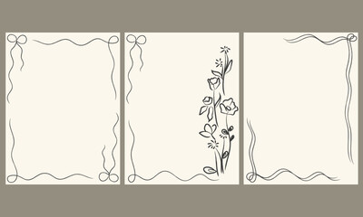 Cute elegant hand drawn frame vector set, Modern minimal wavy border. Whimsical floral and scribble graphic, funky simple birthday invitation, holidays, marriage, card design. Vintage frame collection