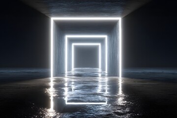 Illuminated square tunnel with reflective water surface creating a futuristic atmosphere inside