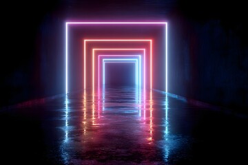 A glowing tunnel of neon squares reflecting on a wet floor in a dark futuristic environment