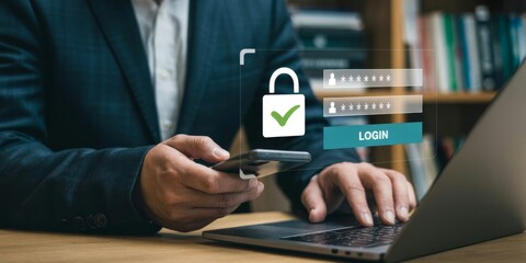 Data Security Protocol: A man in a professional attire working on a laptop with a mobile phone, illustrating a secure online login process.