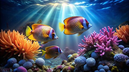 Obraz premium Vibrant Reef Scene with Three Colorful Fish Swimming Amongst Lush Coral and Anemones