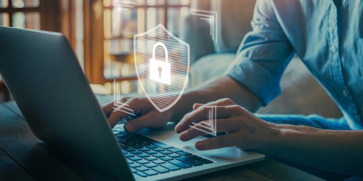 Cyber Fortress: A person intently uses a laptop, with a digital shield and lock icon overlay, illustrating digital security and privacy.