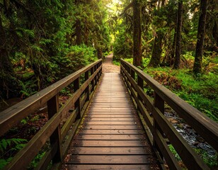 Wooden Footbridge Leading into Lush Green Forest