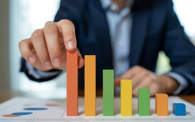 Ascending the Charts: A detail shot of a hand meticulously adjusting a colorful bar graph, representing growth and progress in the business realm. 