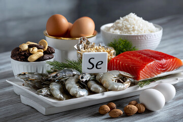 Foods containing selenium microelement in a luxury server. Micronutrient, mineral supplements and healthy food concept. Food shot for poster, presentation, design