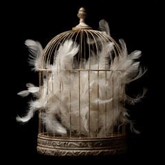 Delicate white feathers arranged inside an ornate vintage birdcage against a contrasting dark background, creating a serene and elegant atmosphere in a minimaic style.