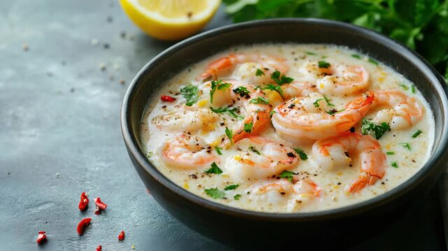 A bowl of spicy shrimp soup with garnishes. A comforting dish featuring seafood in a creamy bisque, served on a black slate table.