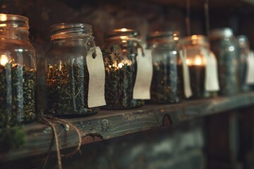 Rustic glass jars filled with herbs and candlelight on a wooden shelf
