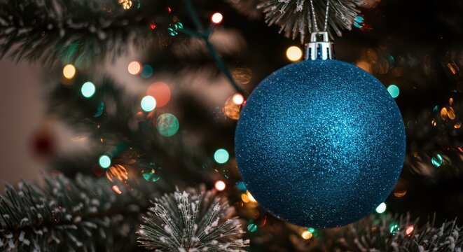 Close up of a blue glitter christmas ornament on a tree with bokeh lights - Powered by Adobe