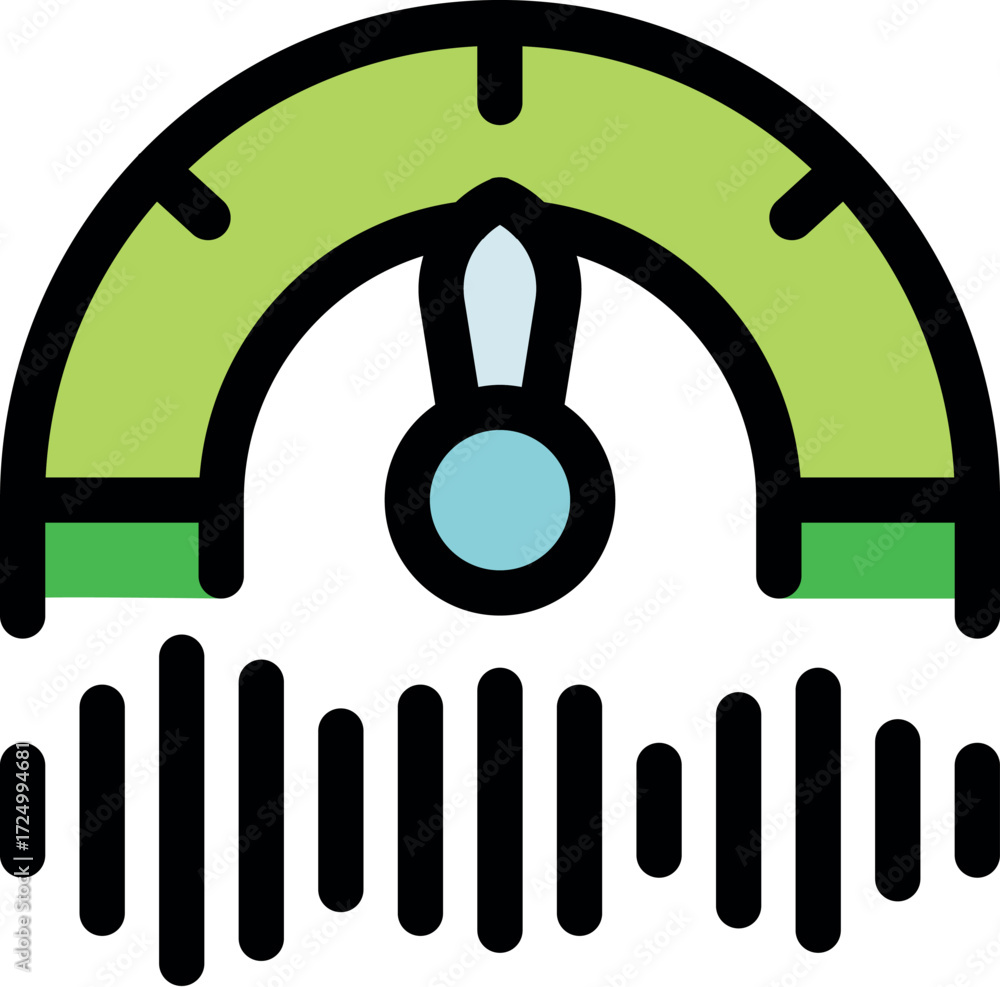 Poster speedometer with indicator showing high sound volume level, suggesting loudness or noise measurement