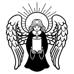 Line Drawing Angel with Wings Halo Candle Vector Isolated on White, Christmas Angel Outline Illustration, Holy Angel Clipart, Festive Religious Line Art