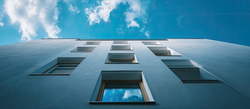 Low angle view of a light-gray apartment building, numerous windows, against a vibrant blue sky dotted with fluffy clouds