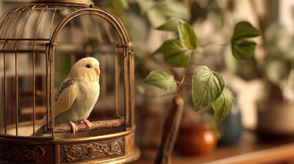 Budgerigar perched on wooden perch inside vintage birdcage surrounded by green leaves and potted plants in cozy indoor setting with warm lighting effects.