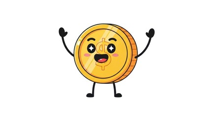 Obraz premium Cheerful coin character mascot illustration expressing success and monetary achievement with star