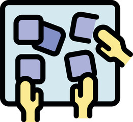 Obraz premium Hands repositioning colorful sticky notes on a whiteboard, symbolizing task management and agile methodologies in a collaborative work environment