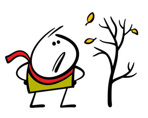 Autumn weather, wind and cold. Vector illustration of a stickman in a warm scarf looking at a fall of leaves, sad. A tree in the forest with bare branches. A walk in the park.