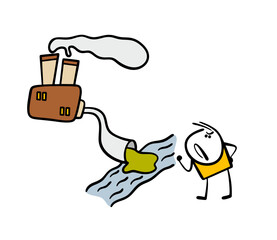 Disgruntled passerby looks at environmental pollution. Vector illustration factory pipe releases smoke, pours sewage and industrial waste into  clean river. Violation of the law and environment.