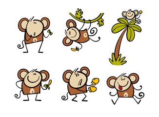 Funny monkeys from doodle jungle. Cartoon set of vector illustrations. Animal characters on a tree with a banana. A toy for children or a pet.