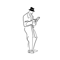 Line drawing of a man in a hat and coat looking at a book or device in his hands in black and white