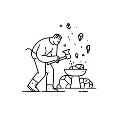 Illustration of a miner striking a rock with a hammer to extract gemstones in a minimalist style art work