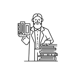 Line drawing of a bearded man in a suit holding books next to a stack of more books on a table