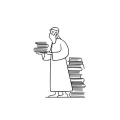 Line drawing of a man with a beard holding a stack of books next to a larger stack of books