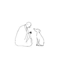 A bald man in a robe sits facing a dog in a simple line drawing on a white background in a minimalist style