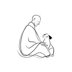 Minimalist line art depicting a bald man in robe petting a dog with a simple and clean aesthetic style