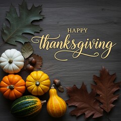 Happy Thanksgiving A Festive Greeting with Pumpkins, Gourds, and Autumn Leaves on a Rustic Wooden Background