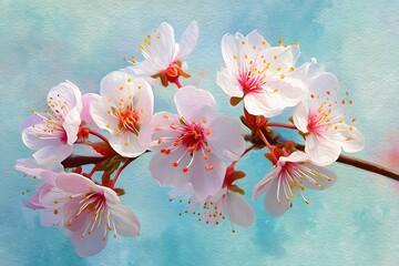 A close up of a branch with white and pink blossoms against a blue and white painterly background