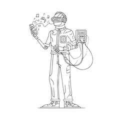 Line drawing of a futuristic character with vr headset listening to music from a mobile device and backpack