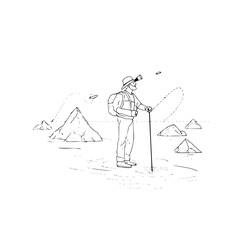 Naklejka premium A man with a hat and backpack standing among rocks with a stick in a sketched black and white scene