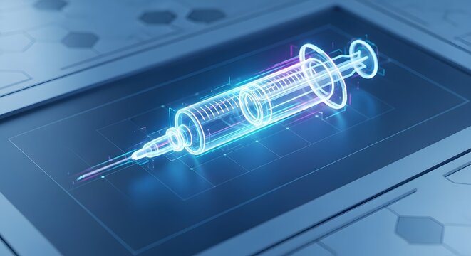 Glowing blue syringe on a futuristic surface represents medical innovation and technology